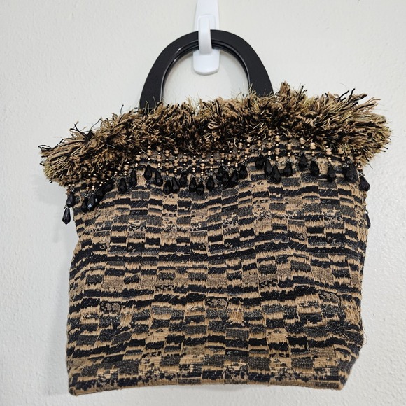 Handbags - Martha Jo Totes Vintage Tapestry Handbag Beaded Fringe Black Gold
